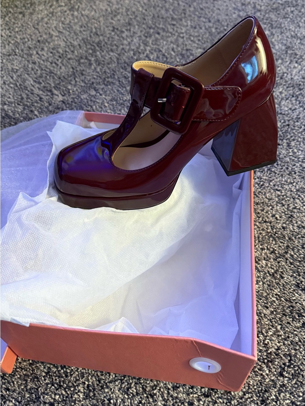 Patent Mary Jane Block Heel Pump in Burgundy